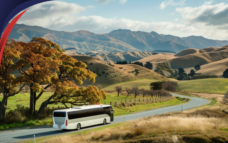 coach driving through countryside, affordable bus hire, June 2024, NZ